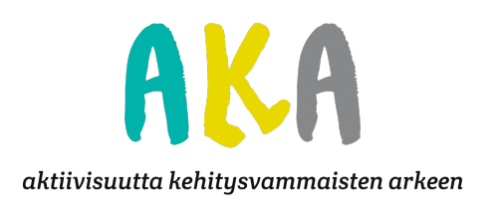Logo, jossa lukee AKA, aktiivisuutta kehitysvammaisten arkeen.