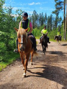 Kolme ratsastajaa maastossa.