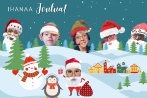 Ihanaa joulua -kortti, jossa digihautomon tiimin jäsenet näyttävät tontuilta.