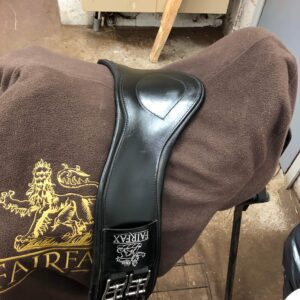 Musta, kiiltävä satulavyö.