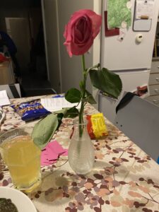 Pinkki ruusu maljakossa.