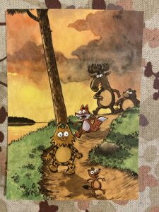 Kuva kortista, jossa eläimet kävelevät yhdessä polkua pitkin ja hymyilevät.