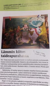 Lehtiartikkeli, jossa kiitetään apurahasta.