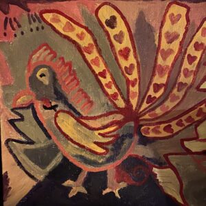 Maalaus värikkäästä riikinkukosta. Riikinkukon pyrstössä on sydämiä.