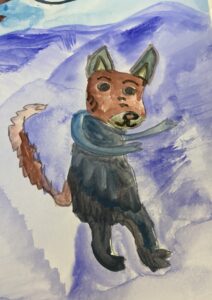 Vesivärimaalauksessa sinisiin vaatteisiin pukeutunut koira.