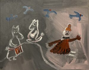 Taulussa Myy, Muumimamma, Muumipeikko ja neljä sinistä lintua.