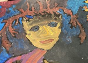 Maalaus naisesta, jolla on pitkä ruskea tukka.