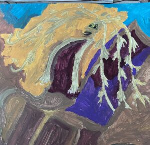 Maalaus hahmosta, jolla on pitkät vihreät hiukset.