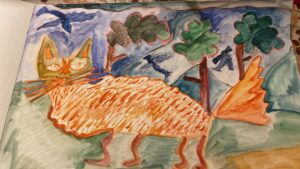 Vesiväreillä maalattu oranssi kettu metsässä.