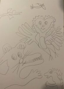 Lyijykynällä piirretty lintu ja muita eläimiä.