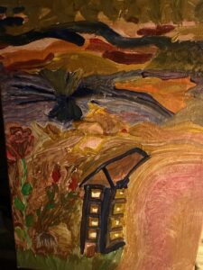 Maalauksessa talo ja kukkia.