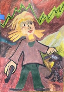 Maalauksessa nainen paijaa koiraa ja hymyilee.