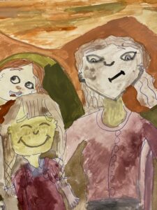 Maalauksessa aikuinen nainen ja kaksi lasta. Kaikki hymyilevät iloisesti.