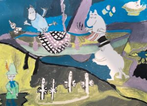 Maalauksessa Muumit, Hattivatteja, Nuuskamuikkunen ja Pikku Myy.