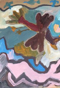 Maalauksessa lintuja ja ruskea hahmo, jolla on isot kädet.