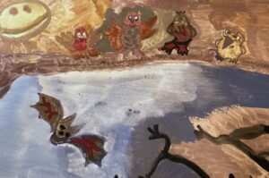 Vesivärityössä lintuja orrella ja lepakko.