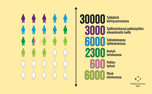 Infografiikka kehitysvammaisten ihmisten työllisyystilanteesta.