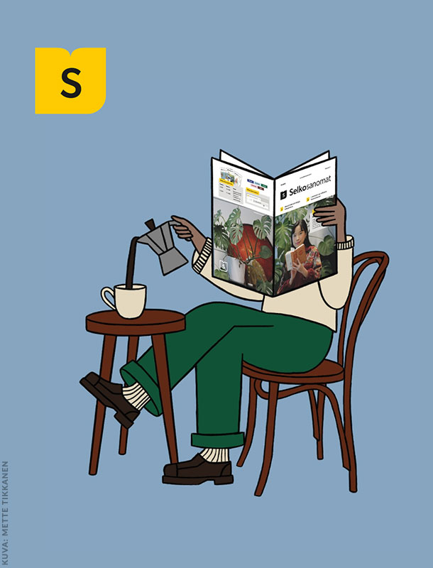 Nainen lukee piirroskuvassa Selkosanomia.