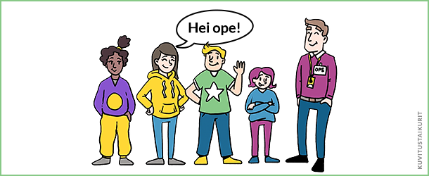 Neljä piirroshahmoa, kolme nuorta ja yksi opettaja. Puhekupla: Hei Ope!